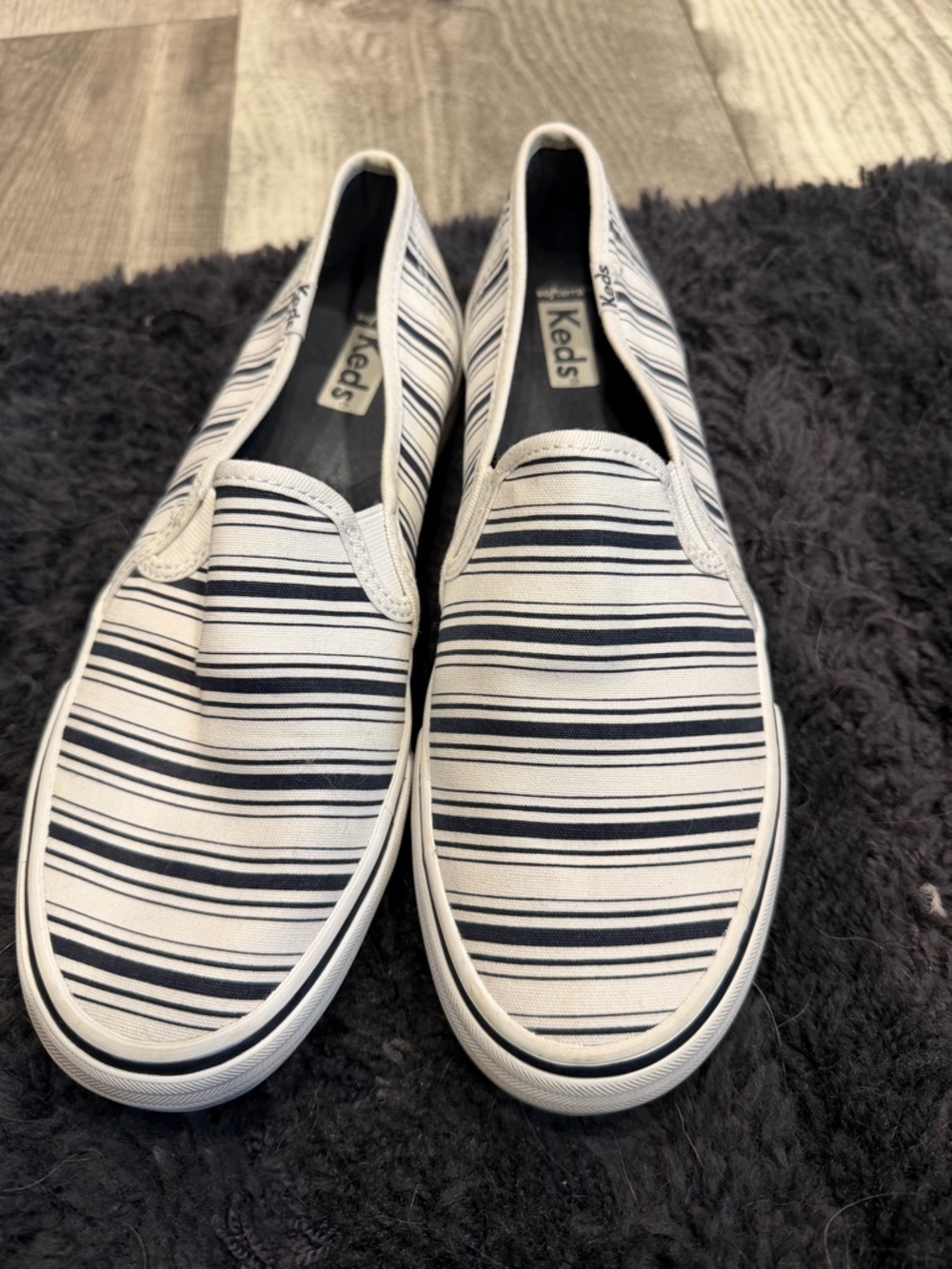 Keds 'Slip-On Canvas Sneakers in White and Navy Stripe